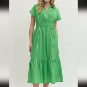 entro Green Midi Dress with Smocked Waist and Contrast Piping
